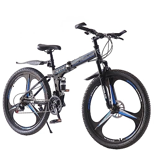 Folding Bike : BSTSEL 27.5Inch Adult Folding Mountain Bike, Dual Suspension Mountain Bikes with 27.5 Inches 3-Spoke Wheel, Shimano 21 Speed Mens and Womens Foldable Mountain Bicycle (Black& Blue)