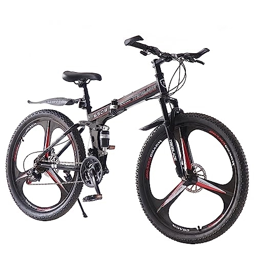 Folding Bike : BSTSEL 27.5Inch Adult Folding Mountain Bike, Dual Suspension Mountain Bikes with 27.5 Inches 3-Spoke Wheel, Shimano 21 Speed Mens and Womens Foldable Mountain Bicycle (Black & Red)