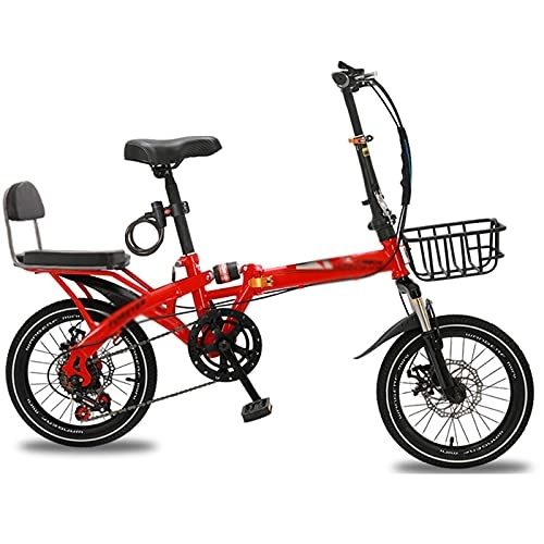 Folding Bike : CHICAI Bike 7 Speed Folding Mini Compact High-carbon Steel Portable Bicycle, Double Shock Absorber, Double Disc Brake, 16in / 20in Wheels, Back Rack (Color : Red, Size : 20in)