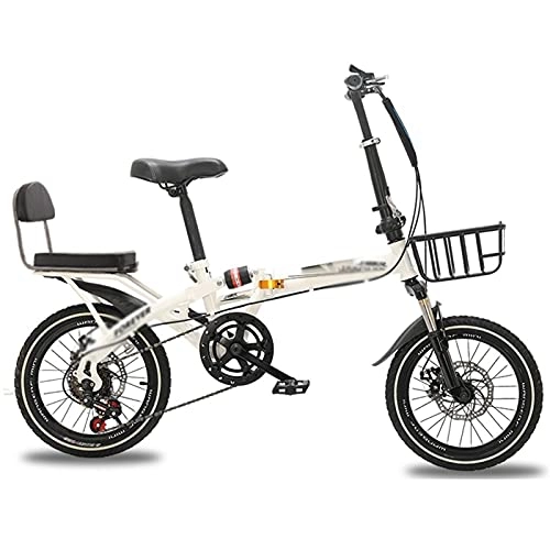 Folding Bike : CHICAI Bike Single Speed Folding Bicycle, Double Shock Absorber, Double Disc Brake 16in / 20in Wheels, Back Rack, High Carbon Steel Body (Color : White, Size : 16in)