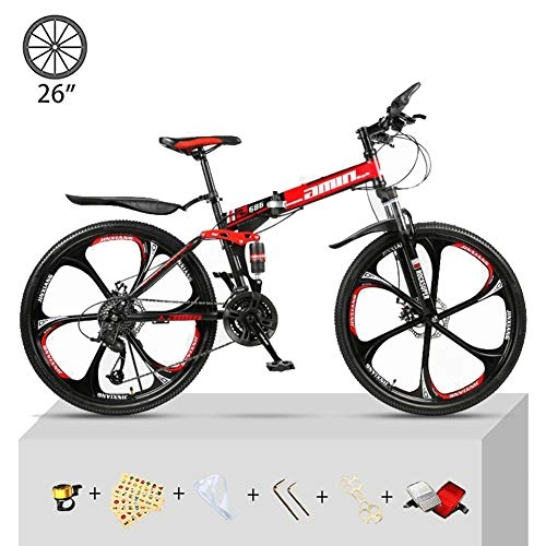 Folding Bike : CHJ 26-inch folding mountain bike 21-speed dual-shock off-road transmission, male and female youth city bike, outdoor fitness exercise, Red