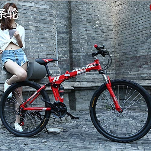 Folding Bike : CHJ Folding Mountain Bike 26 Inch 24 Inch Outdoor Bike 24 Speed Full Shock Absorber Mountain Bike Sports Men And Women Adult Commuter Anti-Skid Bicycle, Red, 24 inches
