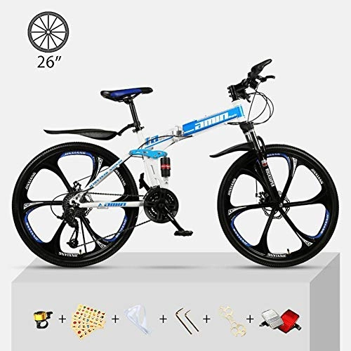 Folding Bike : CHJ Folding Mountain Bike Bicycle into A 26-Inch 21-Speed Dual-Shock Off-Road Transmission, Urban Bicycles for Young Men and Women, Six-Blade Wheel, Blue
