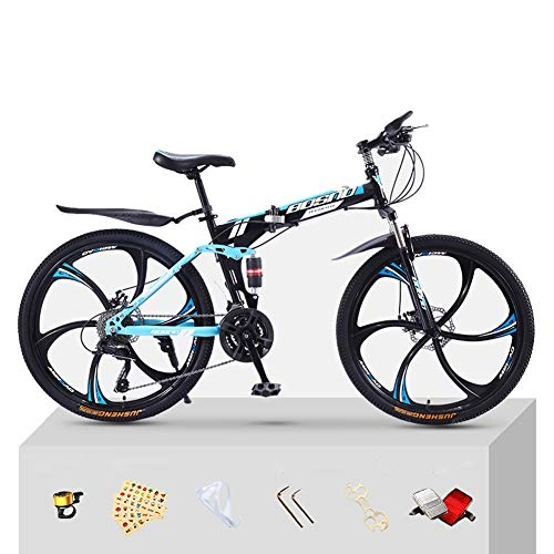 Folding Bike : CJCJ-LOVE Folding Mountain Bike, 26 Inch Double Disc Brake Full Suspension Anti-Slip Road Bikes Off-Road Racing Bicycles for Adults, blue+black, 24 Speed