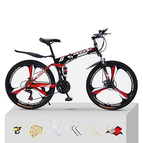 Folding Bike : CJCJ-LOVE Folding Mountain Bike for Adults, 26 Inch 3 Impeller Off-Road Racing Bicycles Double Disc Brake Full Suspension Anti-Slip Road Bikes, red+black, 27 Speed