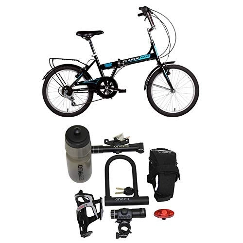 Folding Bike : ClassicSaker Unisex Folding Bikes Black, 11" inch steel frame, 6 speed folds away for easy storage at hom 6-speed Shimano gears and quick rolling urban tyre with Cycling Essentials Pack