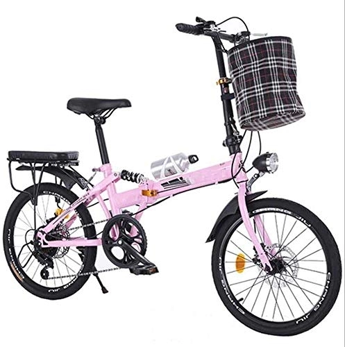 Folding Bike : COUYY 20-inch folding bicycle, city folding bicycle, adult ultra-light portable disc brake shock absorber 6-speed mountain bike, Pink