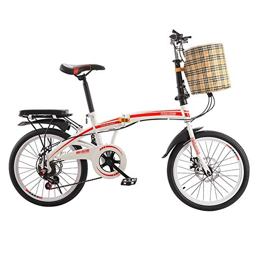 Folding Bike : CXSMKP 20 Inch Folding Bike for Adults, 6 Speed Mountain Bike with Dual Discbrake Basket Lightweight Iron Frame, Foldable Bicycle with Anti-Skid And Wear-Resistant Tire, Red