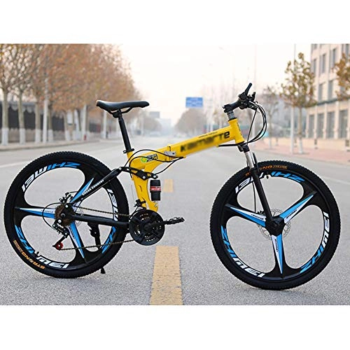 Folding Bike : CXSMKP Folding Mountain Bike 26-Inch Wheel Bikes for Adult, 3 Spoke 21 Speed Priority Bike, Double Disc Brake Full Suspension Anti-Slip MTB, Yellow