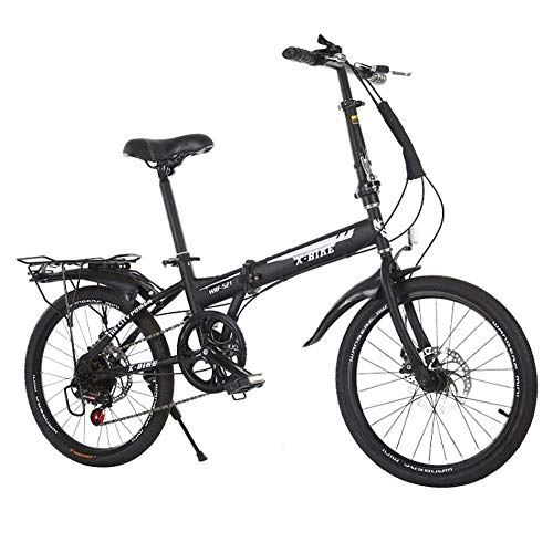 Folding Bike : CXY-JOEL 6 Speed Folding Portable Bikes Double Disc Brake Mountain Bicycle Mini Folding Bike with V Brake for Adults Men and Women, Black, 20In, Black