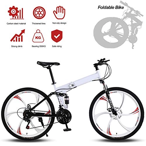 Folding Bike : DDAQMountain Bike, 26 Inch Folding Bike with Super Lightweight Magnesium Alloy Integrated Wheel, Premium Full Suspension And Speed Gear, Lightweight And Durable for Men Women Bike / White