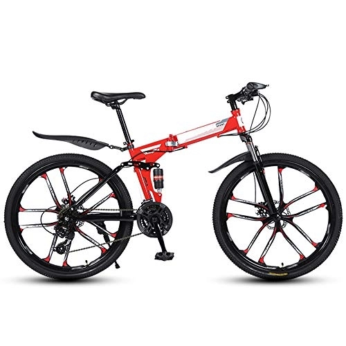 Folding Bike : DEAR-JY 26 Inch Folding Mountain Bikes, 10 Cutter Wheels High Carbon Steel Frame Variable Speed Double Shock Absorption, All Terrain Adult Quick Foldable Bicycle, Men Women General Purpose, Red, 27 Speed