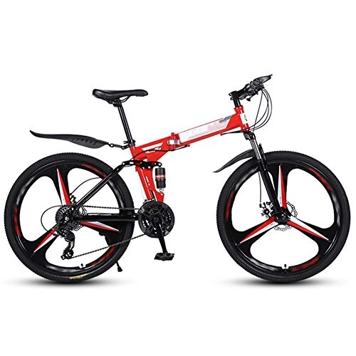 Folding Bike : DEAR-JY 26 Inch Folding Mountain Bikes, 3 Cutter Wheels High Carbon Steel Frame Variable Speed Double Shock Absorption, All Terrain Adult Quick Foldable Bicycle, Men Women General Purpose, Red, 27 Speed