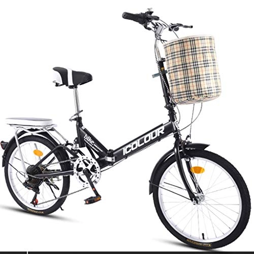 Folding Bike : DERTHWER foldable bicycle City Commuter Outdoor Folding Bicycles Variable Speed Male And Female Adult Student Sports Bike With Basket (Color : Black)