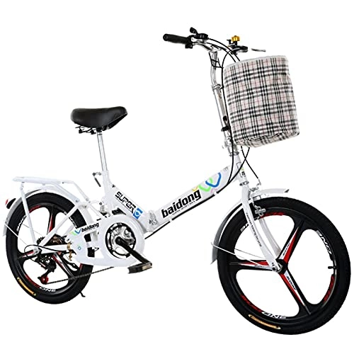 Folding Bike : DERTHWER mountain bikes Folding Bicycle Portable Variable 6 Speed Bicycle Adult Student City Commuter Freestyle Bicycle with Basket (Color : White)