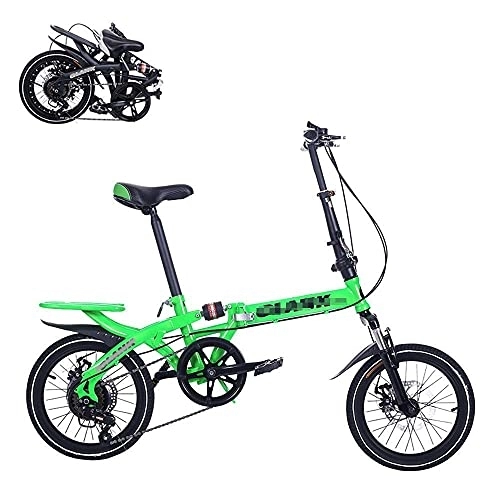 Folding Bike : DERUKK-TY Folding Adult Bicycle 16-Inch 6 Variable-Speed Labor-Saving Shock-Absorbing Bicycle Front And Rear Double Disc Brakes Fast Folding Portable Commuter Bicycle, Safe And Comfort (Green)