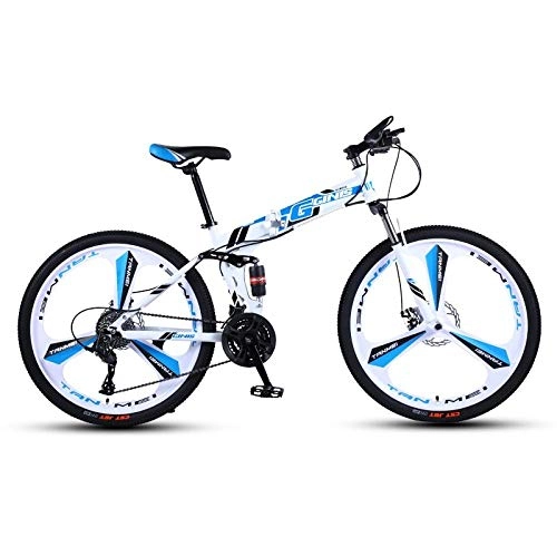Folding Bike : DGAGD 24 inch folding mountain bike double shock absorber racing off-road variable speed bicycle three-wheel-White blue_24 speed
