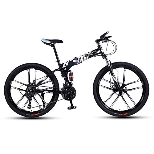 Folding Bike : DGAGD 24-inch folding mountain bike with double shock absorber racing cross-country variable speed bike ten cutter wheels-Black and white_21 speed