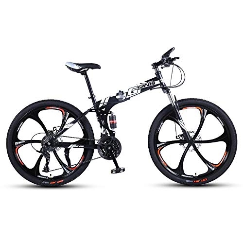 Folding Bike : DGAGD 24-inch folding mountain bike with double shock absorber racing off-road variable speed bike with six cutter wheels-Black and white_21 speed