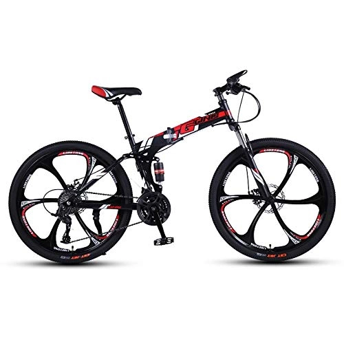 Folding Bike : DGAGD 24-inch folding mountain bike with double shock absorber racing off-road variable speed bike with six cutter wheels-Black red_27 speed