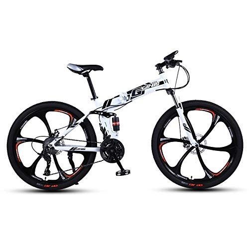 Folding Bike : DGAGD 24-inch folding mountain bike with double shock absorber racing off-road variable speed bike with six cutter wheels-White black_27 speed