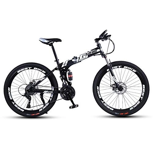 Folding Bike : DGAGD 26 inch folding mountain bike double shock-absorbing racing off-road variable speed bicycle spoke wheel-Black and white_30 speed