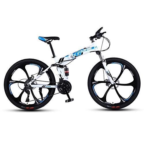 Folding Bike : DGAGD 26 inch folding mountain bike with double shock absorber racing off-road variable speed bicycle six cutter wheels-White blue_24 speed