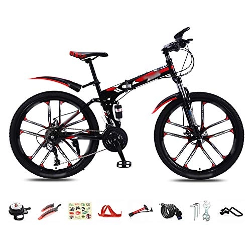 Folding Bike : DGPOAD Foldable Bicycle 26 Inch, 30-Speed Folding Mountain Bike, Unisex Lightweight Commuter Bike, MTB Full Suspension Bicycle with Double Disc Brake / Red / B wheel