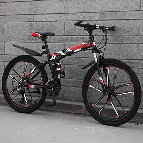 Folding Bike : DGPOAD Mountain Bike Folding Bikes, 27-Speed Double Disc Brake Full Suspension Bicycle, 26 Inch Off-Road Variable Speed Bikes for Men And Women / Red