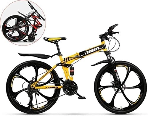 Folding Bike : Dirty hamper 26 Inches Boy Mountain Bike, 6-knife Integrated Wheel Folding Carbon Steel Bicycles, Double Shock Variable Speed Bicycle (Color : Yellow, Size : 26in (24 speed))