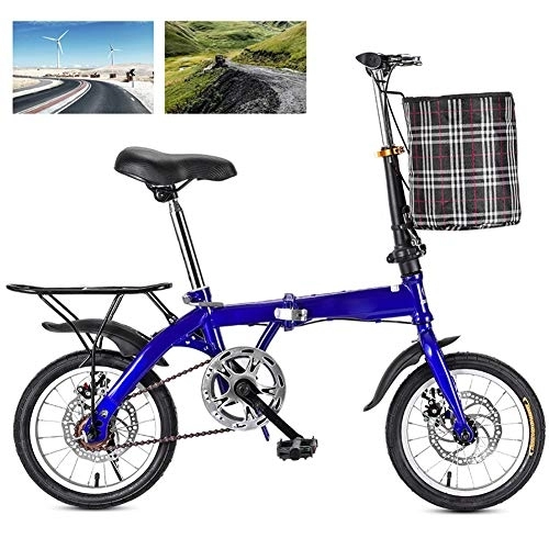 Folding Bike : DORALO Folding City Bicycle Compact Bike, Adjustable Seat Outdoor Bike with Cycling Baskets And Carrier Frame, Mountain Bike for Adult Child Student, Single Speed Disc Brake, Blue, 16 inch