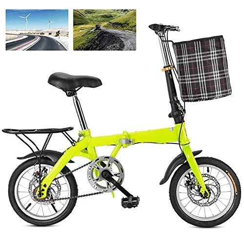 Folding Bike : DORALO Folding City Bicycle Compact Bike, Adjustable Seat Outdoor Bike with Cycling Baskets And Carrier Frame, Mountain Bike for Adult Child Student, Single Speed Disc Brake, Green, 14 inch