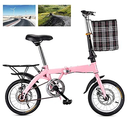 Folding Bike : DORALO Folding City Bicycle Compact Bike, Adjustable Seat Outdoor Bike with Cycling Baskets And Carrier Frame, Mountain Bike for Adult Child Student, Single Speed Disc Brake, Pink, 20 inch