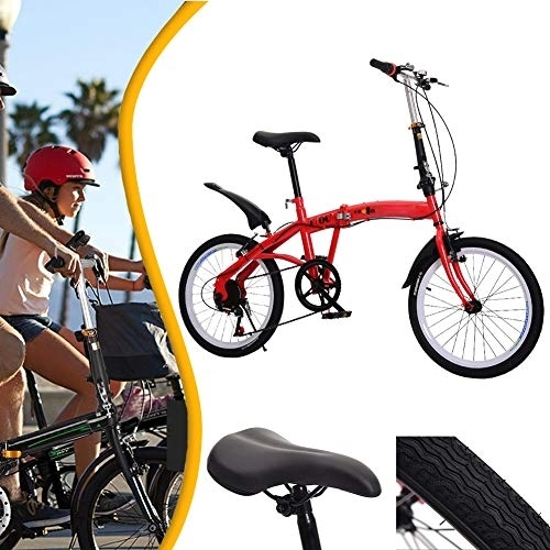 Folding Bike : DORALO Lightweight Folding City Bicycle Bike, 6 Speed Shock Absorber Portable Commuter Bike, Mountain Bike Park Travel Bicycle Outdoor Leisure Bicycle, 20 Inch, Red
