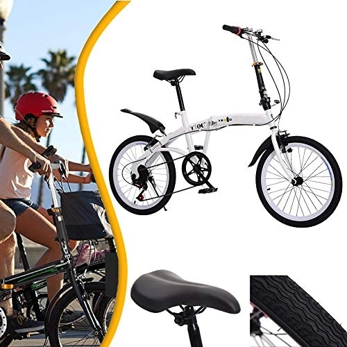 Folding Bike : DORALO Lightweight Folding City Bicycle Bike, 6 Speed Shock Absorber Portable Commuter Bike, Mountain Bike Park Travel Bicycle Outdoor Leisure Bicycle, 20 Inch, White