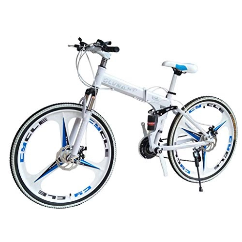 Folding Bike : Double Disc Brake Double Shock Absorption Foldable 26 Inches 21 Speed Overall Wheel Three-Knife Wheel Mountain Bike, White