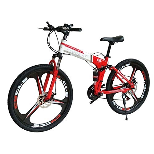 Folding Bike : Double Disc Brake Double Shock Absorption Foldable 26 Inches 27 Speed Overall Wheel Three-Knife Wheel Mountain Bike, Red