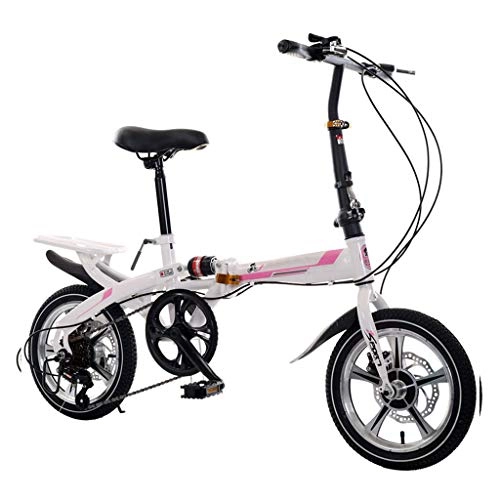 Folding Bike : DQWGSS Adult Folding Bike with Shock Absorbers and Safety Brakes Adjustable Seat and Handlebar Foldable Road Bike for Men Women Student, white and pink, S