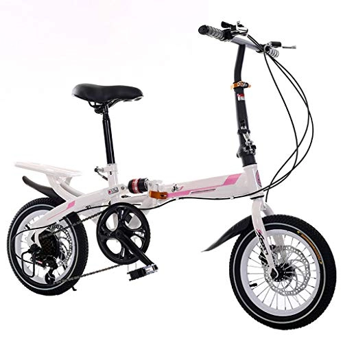 Folding Bike : DQWGSS Folding Bike Adult with Shock Absorbers & Safety Brakes Adjustable Seat & Handlebar Foldable Road Bike for Men Women Student, white and pink, S