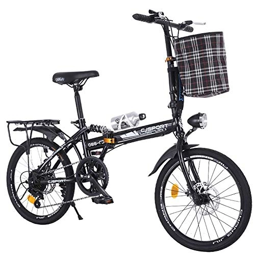 Folding Bike : DRAKE18 Folding bicycle, 20-inch speed 7-speed dual disc brake bicycle adult portable high carbon steel outdoor riding travel with basket, Black