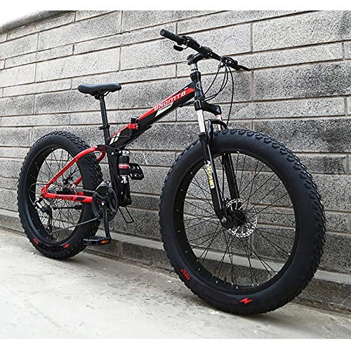 Folding Bike : DRAKE18 Folding Fat Bike, 21 Speed Fat Tire Snow Mountain Bicycle, Double Shock Absorption, Double Disc Brake, All Terrain Off-Road Bike for Adults, Red, 24IN
