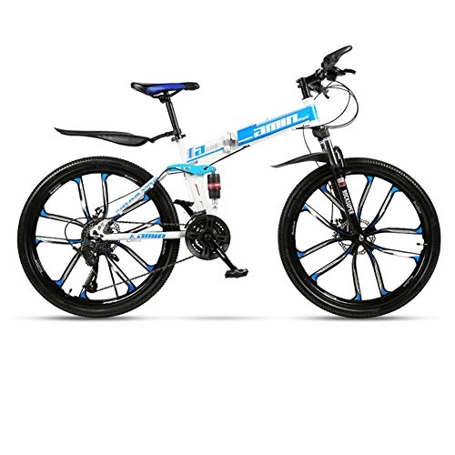 Folding Bike : DSAQAO 24 Inch Folding Mountain Bike, Full Suspension MTB Bikes 21 24 27 30 Speed Disc Bicycle For Adult Teens Student White+blue 30 Speed