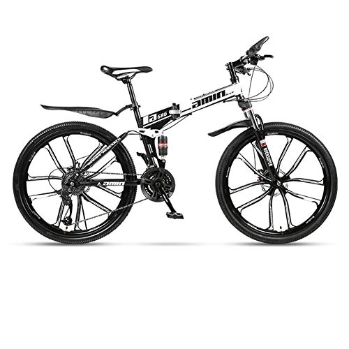 Folding Bike : DSAQAO Folding Mountain Bike, 26 Inch 10 Spoke 21 24 27 30 Speed Disc Bicycle Full Suspension Mtb Bikes For Adult Teens Black+white 30 Speed