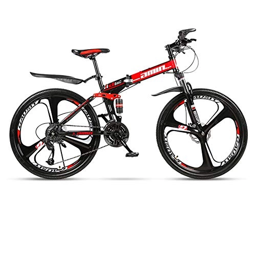 Folding Bike : DSAQAO Full Suspension Mtb Bikes, 3 Spoke Folding Mountain Bike 24 Inch 21 24 27 30 Speed Disc Bicycle For Adult Teens Black+red2 24 Speed