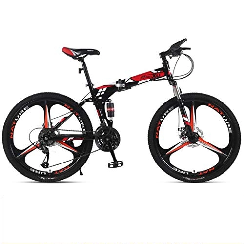 Folding Bike : Dsrgwe 26inch Mountain Bike, Folding Carbon Steel Frame Bicycles, Full Suspension and Dual Disc Brake, 21-speed, 24-speed, 27-speed (Color : Red, Size : 21-speed)