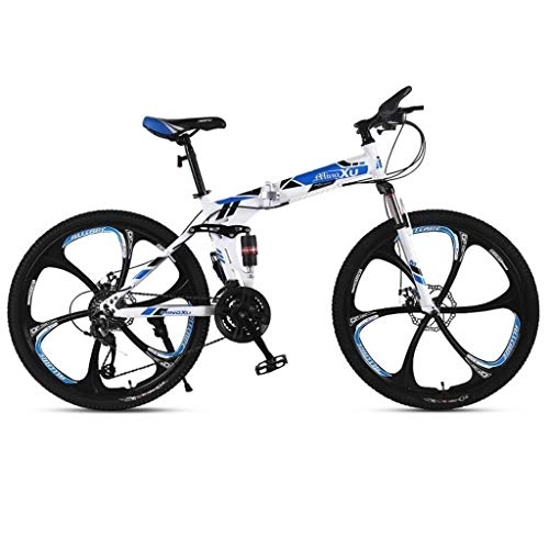Folding Bike : Dsrgwe 26inch Mountain Bike, Folding Hardtail Bicycles, Full Suspension and Dual Disc Brake, Carbon Steel Frame (Color : Blue, Size : 21-speed)
