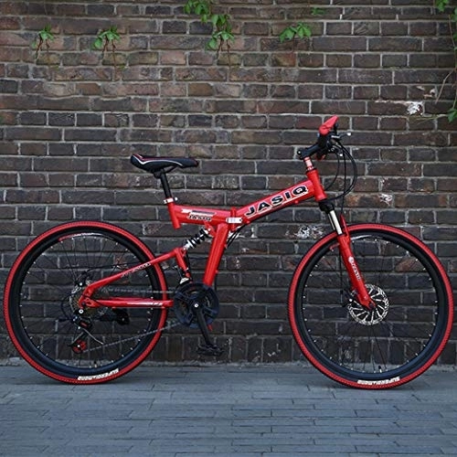 Folding Bike : Dsrgwe 26inch Mountain Bike, Folding Hardtail Bike, Carbon Steel Frame, Full Suspension and Dual Disc Brake, 21 Speed (Color : Red)
