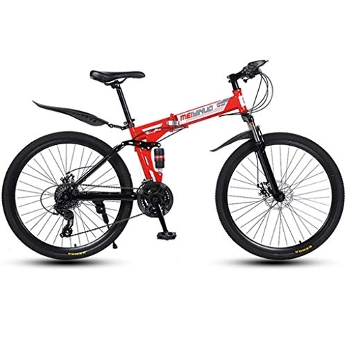 Folding Bike : Dsrgwe Folding Mountain Bike, Full Suspension Bicycles, Carbon Steel Frame, Dual Disc Brake, 26inch Spoke Wheels (Color : Red, Size : 27-speed)