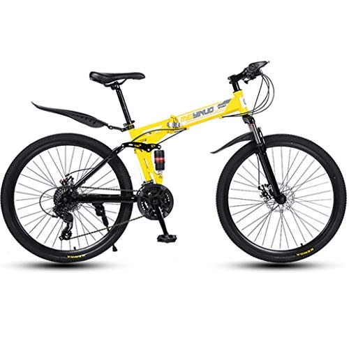 Folding Bike : Dsrgwe Folding Mountain Bike, Full Suspension Bicycles, Carbon Steel Frame, Dual Disc Brake, 26inch Spoke Wheels (Color : Yellow, Size : 24-speed)