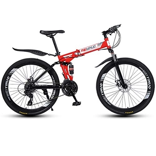 Folding Bike : Dsrgwe Folding Mountain Bike, Full Suspension MTB Bicycles, Dual Suspension and Dual Disc Brake, 26inch Spoke Wheels (Color : Red, Size : 24-speed)